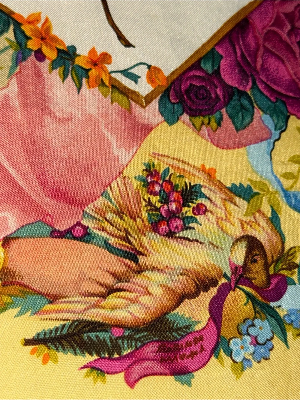 Rare Authentic Gucci Silk Floral Scarf  Whimsical Yellow Animals Hearts Ribbon
